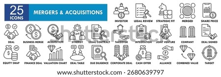 Mergers and Acquisitions icon collection set. Containing design business, success, deal, agreement, partnership