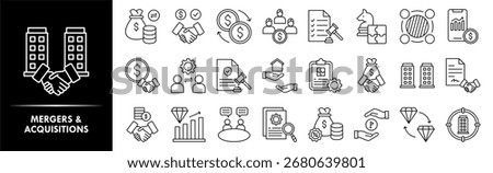 Mergers and Acquisitions icon collection set. Containing design business, success, deal, agreement, partnership
