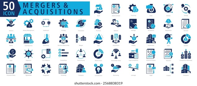 MERGERS and ACQUISITIONS ICON SET With Asset, Smart Contract, Financing, Stake, Portion, Sinergy, Venture, Money Management, Implement and Strategy 