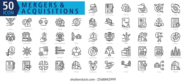 MERGERS and ACQUISITIONS ICON SET With Asset, Smart Contract, Financing, Stake, Portion, Sinergy, Venture, Money Management, Implement and Strategy