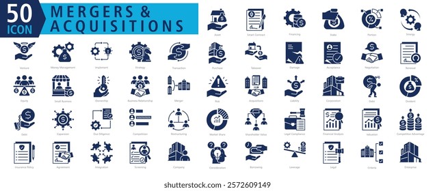 MERGERS AND ACQUISITIONS ICON SET With Asset, Smart Contract, Financing, Stake, Portion, Sinergy, Venture, Money Management, Implement and Strategy 