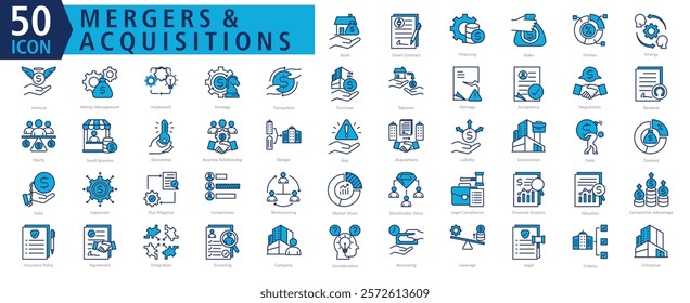 MERGERS AND ACQUISITIONS ICON SET With Asset, Smart Contract, Financing, Stake, Portion, Sinergy, Venture, Money Management, Implement and Strategy