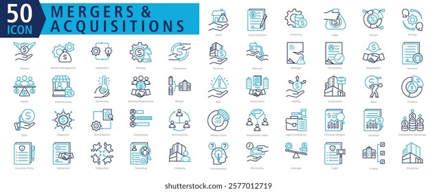 MERGERS AND ACQUISITIONS ICON SET With Asset, Smart Contract, Financing, Stake, Portion, Sinergy, Venture, Money Management, Implement and Strategy