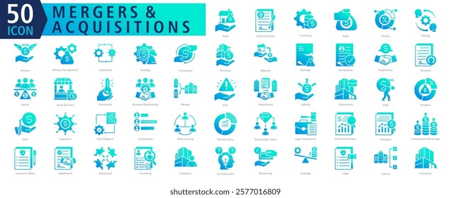 MERGERS AND ACQUISITIONS ICON SET With Asset, Smart Contract, Financing, Stake, Portion, Sinergy, Venture, Money Management, Implement and Strategy