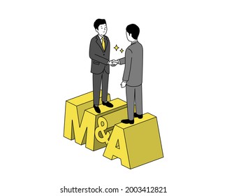 Mergers and acquisitions
 image,businessperson shaking hands on type written "M and A" ,vector illustration