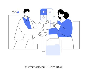 Mergers and acquisitions isolated cartoon vector illustrations. Business partners shake hands, financial mergers and acquisitions, strategic advice to companies, capital raising vector cartoon.