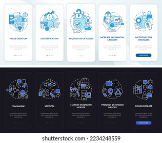 Mergers motives night and day mode onboarding mobile app screen. Walkthrough 5 steps editable graphic instructions with linear concepts. UI, UX, GUI template. Myriad Pro-Bold, Regular fonts used