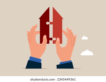 Merging arrows and acquisitions to join together for success. Vector illustration.