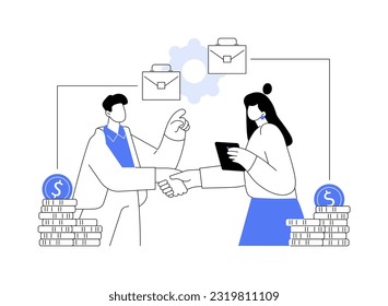 Merging companies abstract concept vector illustration. Business partners shake hands, collaboration deal, investment banks, bank, corporate banking, successful deal abstract metaphor.