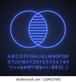 Merging neon light icon. Integration abstract metaphor. Glowing sign with alphabet, numbers and symbols. Vector isolated illustration