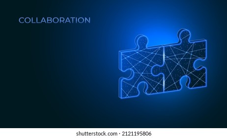 Merging puzzles. Concept for collaboration, integration and cooperation. Vector illustration in low poly style.