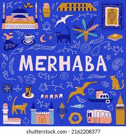 Merhaba (translate from turkish - hello) lettering with doodle composition for your design.