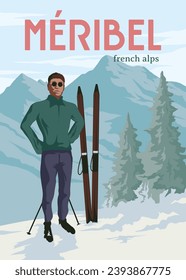 meribel ski resort vintage poster design, the skiers with mountain view poster illustration design