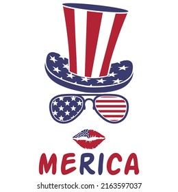 Merica , 4th July hat sunglass lip vector, Happy 4th of July shirt print template typography design for vector file.