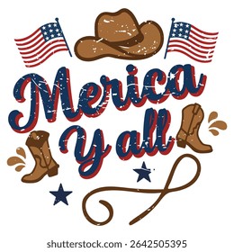 Merica Yall - Feliz 4 de julho Tipografia T-shirt Vetor, América Independência Dia Clipart, Ilustração Patriótica Forth Of July