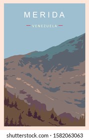 Merida retro poster. Merida travel illustration. States of Venezuela greeting card. 