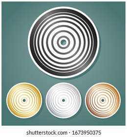 Méridianos desde lo alto. Conjunto de íconos metálicos con gradiente gris, dorado, plata y bronce con contorno blanco y sombra en fondo viridán. Ilustración.