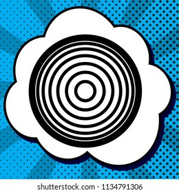 Meridians from top view. Vector. Black icon in bubble on blue pop-art background with rays.