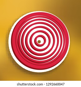Meridians from top view. Vector. Magenta icon with darker shadow, white sticker and black pop art shadow on golden background.