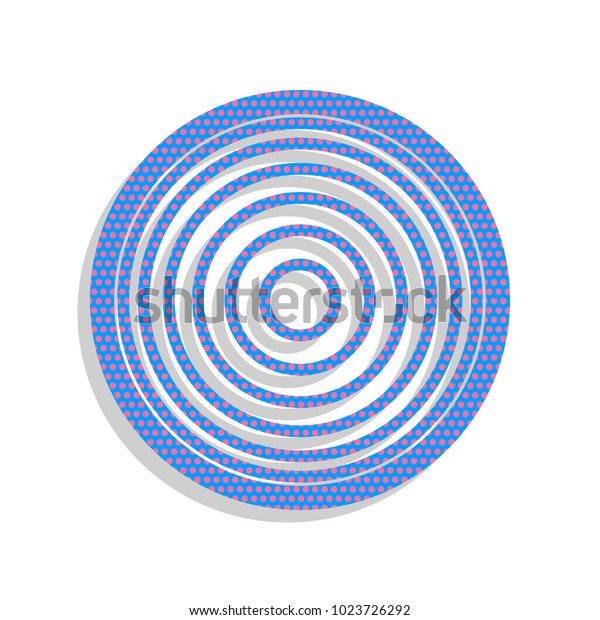 Meridians from top view. Vector. Neon blue icon\
with cyclamen polka dots pattern with light gray shadow on white\
background.\
Isolated.