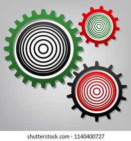 Meridians from top view. Vector. Three connected gears with icons at grayish background.