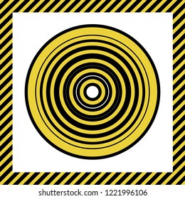 Meridians from top view. Vector. Warm yellow icon with black contour in frame named as under construction at white background. Isolated.