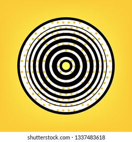 Meridians from top view. Vector. Yellow polka dot white icon with black contour at warm yellow background.
