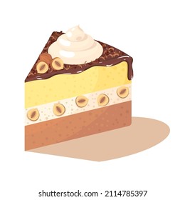 Meringue, biscuit, hazelnut cake covered with chocolate cream topped with nuts and wipped cream isolated. Vector illustartion, icon, simbol, object