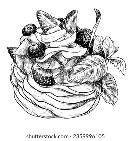 Meringue cake food dessert vector vintage sketch illustration