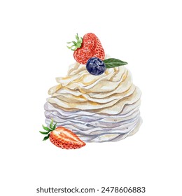 Meringue cake with strawberries and blueberries, watercolor. Vector illustration. Cards, menus for cafes, bakeries, confectioneries, posters, banners.