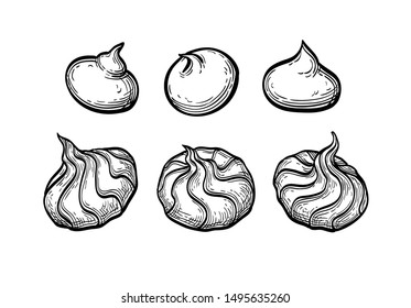 Meringue cookies. Ink sketch isolated on white background. Hand drawn vector illustration. Retro style.