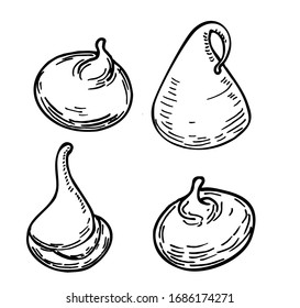 Meringue cookies ink sketch isolated on white background. Hand drawn vector illustration. Retro style. For print, cook book, cafe menu, decoration, packaging, stickers, posters.