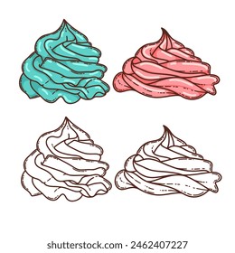 Merengue o crema en Vector de postre de cupcake dibujado a mano página para colorear libro. Hornea un postre dulce. 