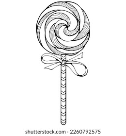 Meringue or lollipop on a stick with a bow. Spiral and striped candy. Vector illustration in hand drawn sketch doodle style. Line art twisted swirl candy isolated on white. Design for coloring book