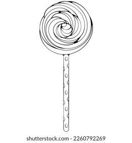 Meringue or lollipop on a stick. Spiral and striped candy. Vector illustration in hand drawn sketch doodle style. Line art twisted swirl candy isolated on white. Design for coloring book, print