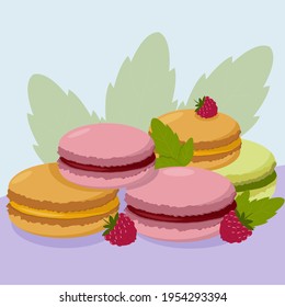 Macarons de Meringue. Macarons. Postres para el desayuno. Ilustración vectorial de una postal