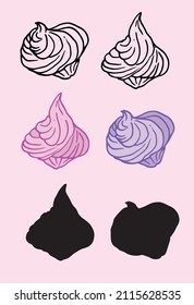 meringue set in pink and lilac colors.  linear art illustration with pink meringue sketch on pink background for decoration design. isolated black outline and silhouette