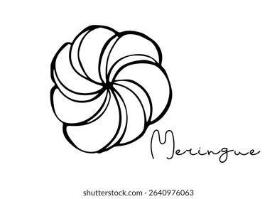 Meringue sketch with Meringue lettering isolated on white background. Text with hand drawn element. Typography poster for cafe, menu, wall art. Hand written brush calligraphy quote. Sweet dessert.