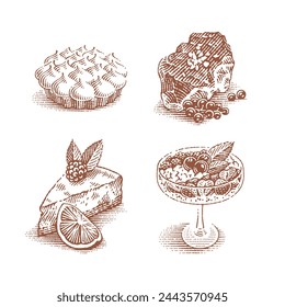 Сheesecake. Meringue. Tiramisu. Berry dessert. Desserts. Hand drawn engraving style illustrations.