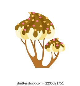 Meringue with topping tree cartoon illustration. Sweet fairy tale meringue tree isolated on white background. Fantasy, elements for computer game concept