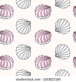Meringues zephyrs pastries cupcakes snacks in form of shells of pink purple white colors on beige background. Dessert. Vector seamless pattern.
