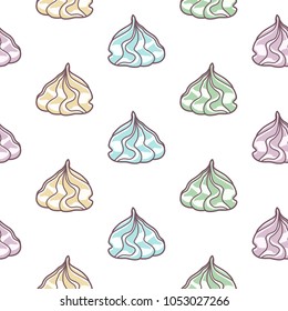 Meringues zephyrs pastries cupcakes snacks of different colors colorful on white background. Dessert. Vector seamless pattern.