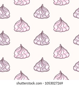 Meringues zephyrs pastries cupcakes snacks of pink purple colors on beige background. Dessert. Vector seamless pattern.