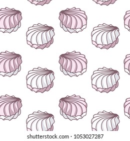 Meringues zephyrs pastries cupcakes snacks in form of shells of pink purple white colors on white background. Dessert. Vector seamless pattern.