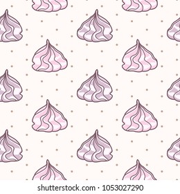 Meringues zephyrs pastries cupcakes snacks of pink purple colors on beige background with polka dots. Dessert. Vector seamless pattern.