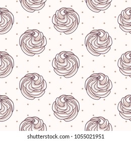 Meringues zephyrs pastries cupcakes snacks of different beige brown colors in form of rose flower on beige background with polka dots. Dessert.  Sweets and candies. Vector seamless pattern.