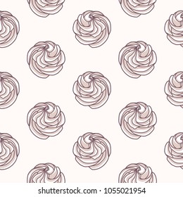 Meringues zephyrs pastries cupcakes snacks of different beige brown colors in form of rose flower on beige background. Dessert.  Sweets and candies. Vector seamless pattern.
