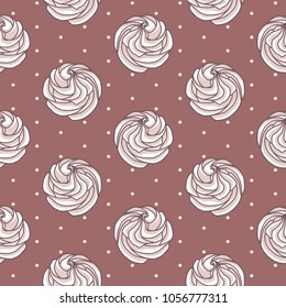 Meringues zephyrs pastries cupcakes snacks cream of chocolate brown beige colors on brown background with polka dots. Dessert. Sweets and candies. Vector seamless pattern.