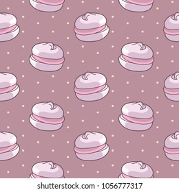 Meringues zephyrs pastries cupcakes snacks cream of different pink purple colors colorful on pink purple background with polka dots. Dessert. Sweets and candies. Vector seamless pattern.