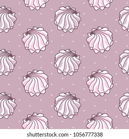 Meringues zephyrs pastries cupcakes snacks cream of different pink purple colors colorful on pink purple background with polka dots. Dessert. Sweets and candies. Vector seamless pattern.